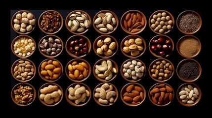 Assorted nuts showcased in a minimalist. AI generated