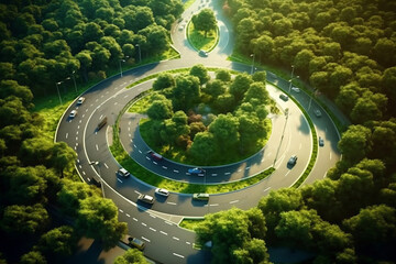 Areal drone view of a suburban roundabout in summer