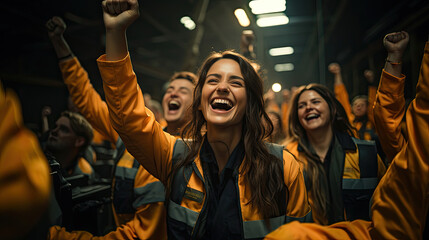 Obraz premium Professional warehouse worker team celebrating success in warehouse factory