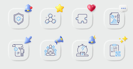Yoga, Quiz and Manual doc line icons. Buttons with 3d bell, chat speech, cursor. Pack of Report document, Chemistry molecule, Qr code icon. Sun protection, Puzzle pictogram. Vector