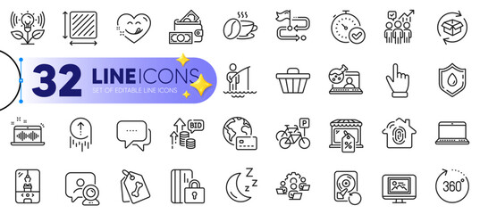 Outline set of Online chemistry, Square area and Bicycle parking line icons for web with Pet tags, Photo thumbnail, Video conference thin icon. Business statistics, Music making. Vector
