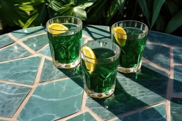 Moroccan drink with mint and lemon. Summer terrace with green tiles. Refreshing drink.