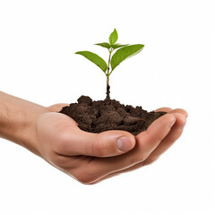a small green sprout of a plant grows from a handful of earth in human palms, close-up. Generative AI
