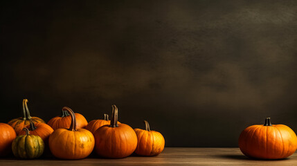 Pumpkin harvest background, minimalistic on dark background, generative ai, mockup, copy space
