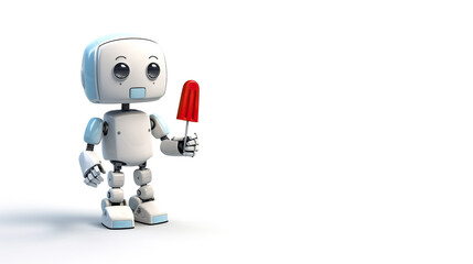 Robot eating ice cream solid white background, generative AI