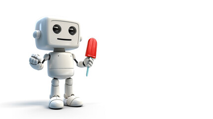 Obraz premium Robot eating ice cream on solid white background, generative AI