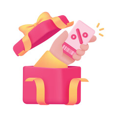 Surprise open gift box Product price discount voucher. 3d illustration