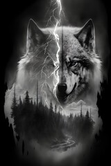 lightning wolf human skull forest double exposure grayscale tattoo 