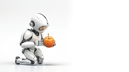 Fototapeta premium Robot eating apples on solid white background, generative AI