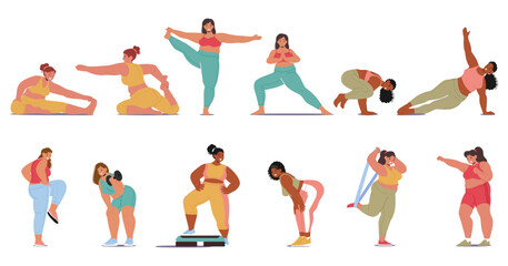 Plus-size Girl Practices Yoga With Confidence And Strength, Embracing Her Body And Its Capabilities, Vector Illustration - obrazy, fototapety, plakaty