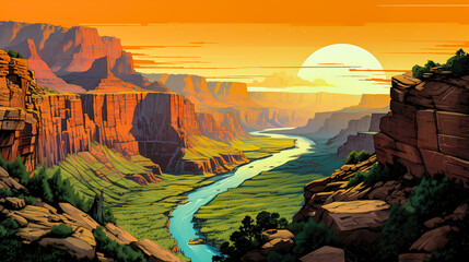Grand canyon national park illustration landscape and sunrise or sunset. Colorful comic book style illustration. Digital illustration generative AI.