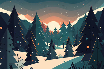 Fototapeta na wymiar Christmas landscape in retro style. Christmas trees and snowdrifts. Generative AI.