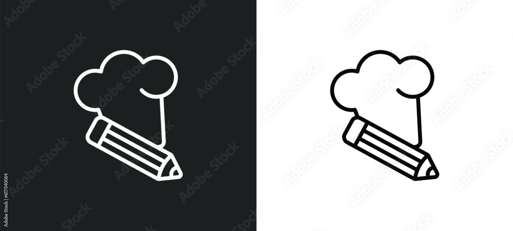 Poster chef hat with a pencil line icon in white and black colors. chef hat with a pencil flat vector icon 