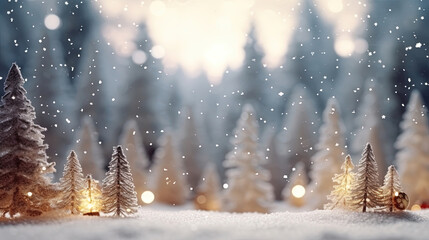 Fototapeta na wymiar Snow covered seasonal winter forest diorama. Christmas decoration elements