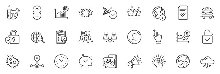 Fototapeta na wymiar Icons pack as Chemistry lab, Cloud computing and Empower line icons for app include Sconce light, Megaphone, Pound money outline thin icon web set. Swipe up, Approved, 5g statistics pictogram. Vector