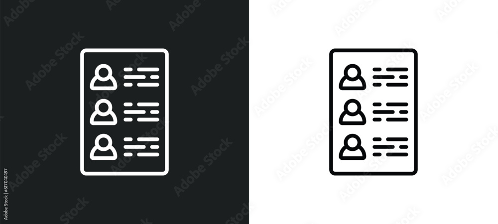 Poster profile list line icon in white and black colors. profile list flat vector icon from profile list co