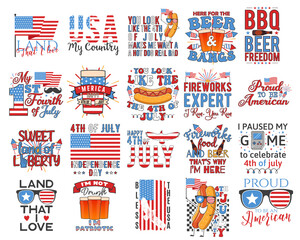 4th of July typography designs set with quotes and elements - hot dog, flags. US Independence Day cliparts. Fourth of July calligraphy, lettering compositions. emblems for t-shirt isolated