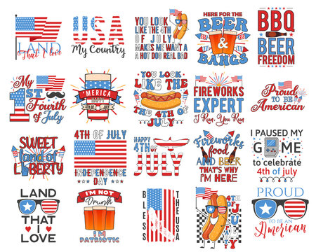 4th of July typography designs set with quotes and elements - hot dog, flags. US Independence Day cliparts. Fourth of July calligraphy, lettering compositions. emblems for t-shirt isolated