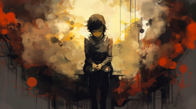 Abstract iamge of depressed girl sitting in mixed grunge colors in minimal graphic style. It represents concept of depression, loneliness, exhausted or hopeless. Digital illustration generative AI.