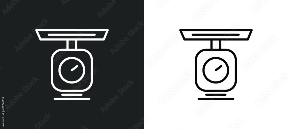 Poster scales line icon in white and black colors. scales flat vector icon from scales collection for web, 