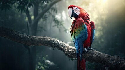 Parrot ara with red and green feathers in the usual habitat with green grass and sprawl sits on a wooden branch
