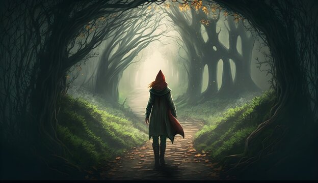 recreate a similar image of walking down a forest path from behind 