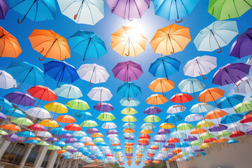 空一面のカラフルな雨傘-日本の梅雨6月イメージ - obrazy, fototapety, plakaty