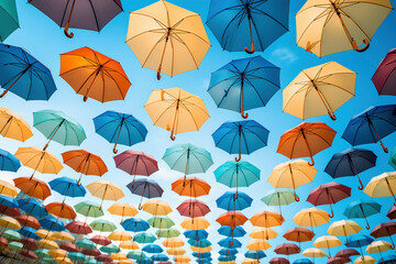 空一面のカラフルな雨傘-日本の梅雨6月イメージ - obrazy, fototapety, plakaty