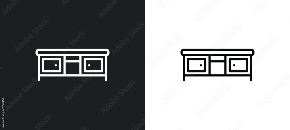 Poster tv table line icon in white and black colors. tv table flat vector icon from tv table collection for