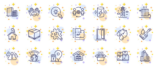 Outline set of Buildings, Energy and Wholesale inventory line icons for web app. Include Lighthouse, Greenhouse, Delivery box pictogram icons. Customisation, Radiator, Warning signs. Vector