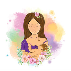 Obraz na płótnie Canvas Watercolor mother and baby silhouette vector with colorful background 