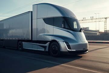 Futuristic electric semi truck, ESG 2050 net zero carbon neutrality goals, Sustainable green renewable energy ecology concept