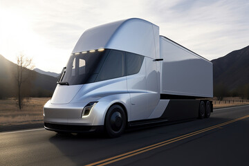 Futuristic electric semi truck, ESG 2050 net zero carbon neutrality goals, Sustainable green renewable energy ecology concept