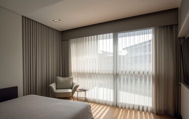 Modern bedroom interior with a window. AI, Generative AI