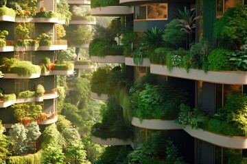 Fototapeta na wymiar Green vertical green. Facade garden in full bloom for climate adaptation Generative AI