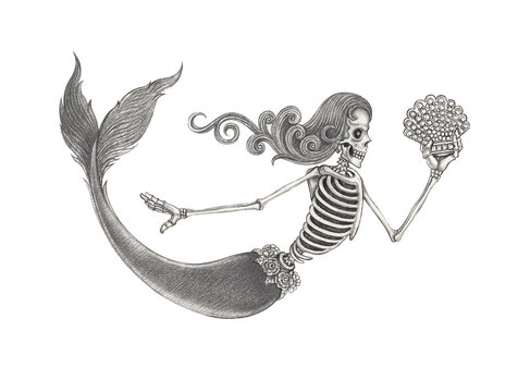 Mermaid skull hand drawing on paper.