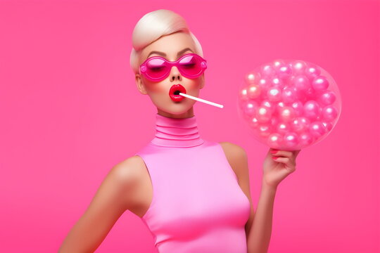 Emotion pink wig woman. Wide open mouth. Pink lips makeup Generative AI