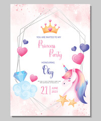 Birthday greeting card with unicorn and silver border.
