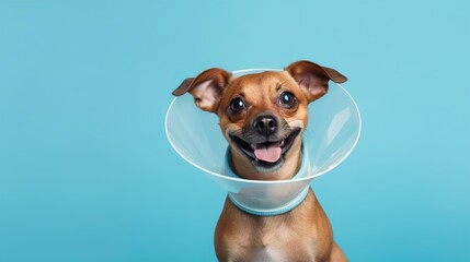 dog wearing a cone after surgery, Treatment
 on blue background. Copy space. AI generation