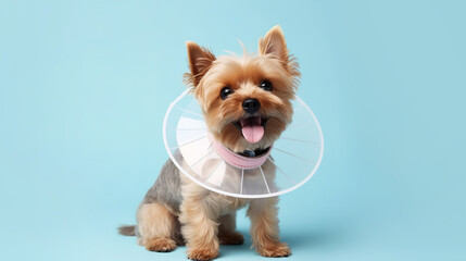dog wearing a cone after surgery, Treatment
 on blue background. Banner. AI generation
