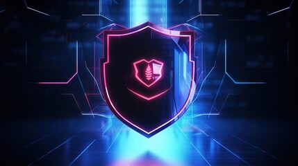 Fototapeta premium Neon cyber security shield. Security and privacy mechanism. AI generation