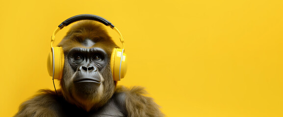 Gorilla in headphones listens to music on a yellow background. Banner, copy space. AI generation - obrazy, fototapety, plakaty