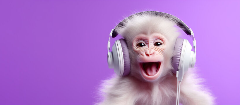 A cute monkey with headphones listens to music on a purple background. Banner, copy space. AI generation