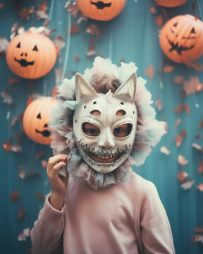 Generative ai young scary creepy and frightening young boy in halloween mask costume