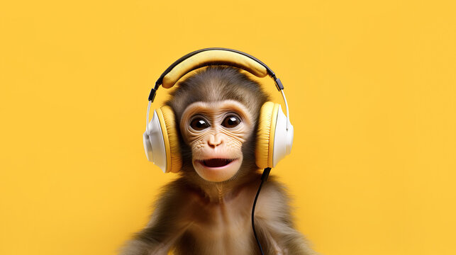 A little monkey in headphones listens to music on a yellow background. Banner, copy space. AI generation