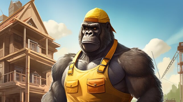 Illustration Gorilla in the form of a builder and a cap. AI generation