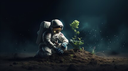 Astronaut planting a tree on planet mars. AI generation