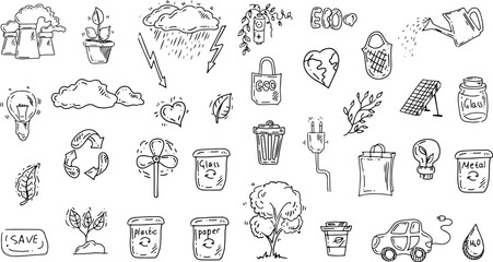 Set of ecology. Hand drawn design vector illustration. Ecology problem, recycling and green energy icons in doodle style. - obrazy, fototapety, plakaty