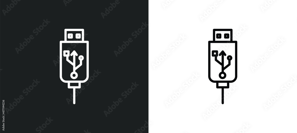 Poster usb line icon in white and black colors. usb flat vector icon from usb collection for web, mobile ap