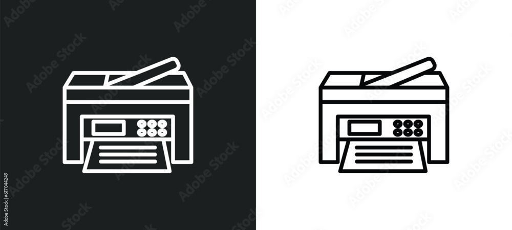 Poster printer line icon in white and black colors. printer flat vector icon from printer collection for we